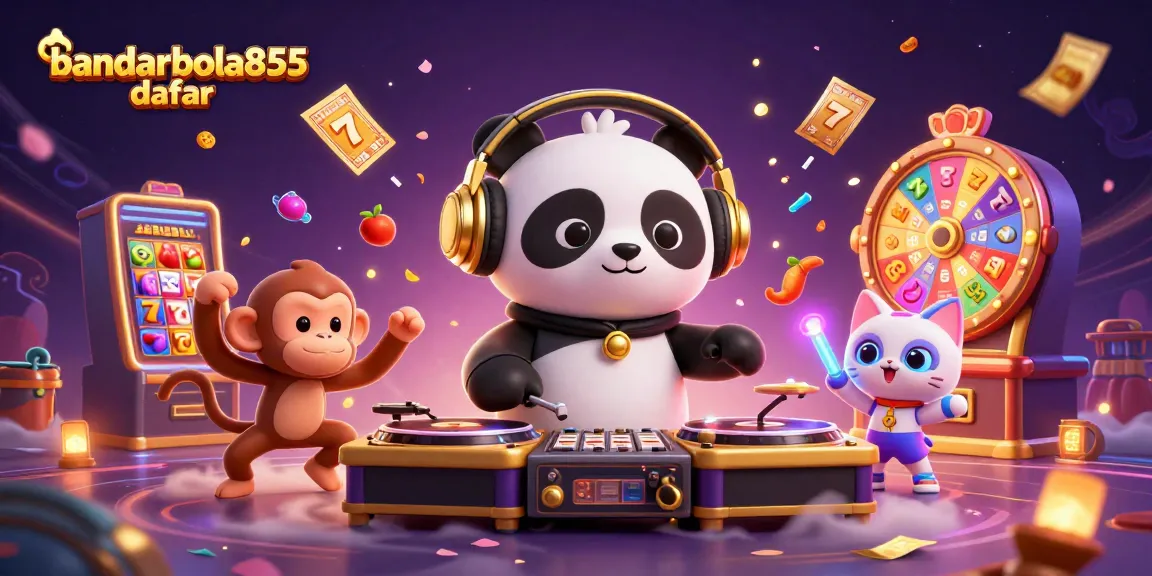 Visualisasi menarik tentang bandarbola855 daftar dengan simbol slot dan karakter lucu yang berinteraksi.