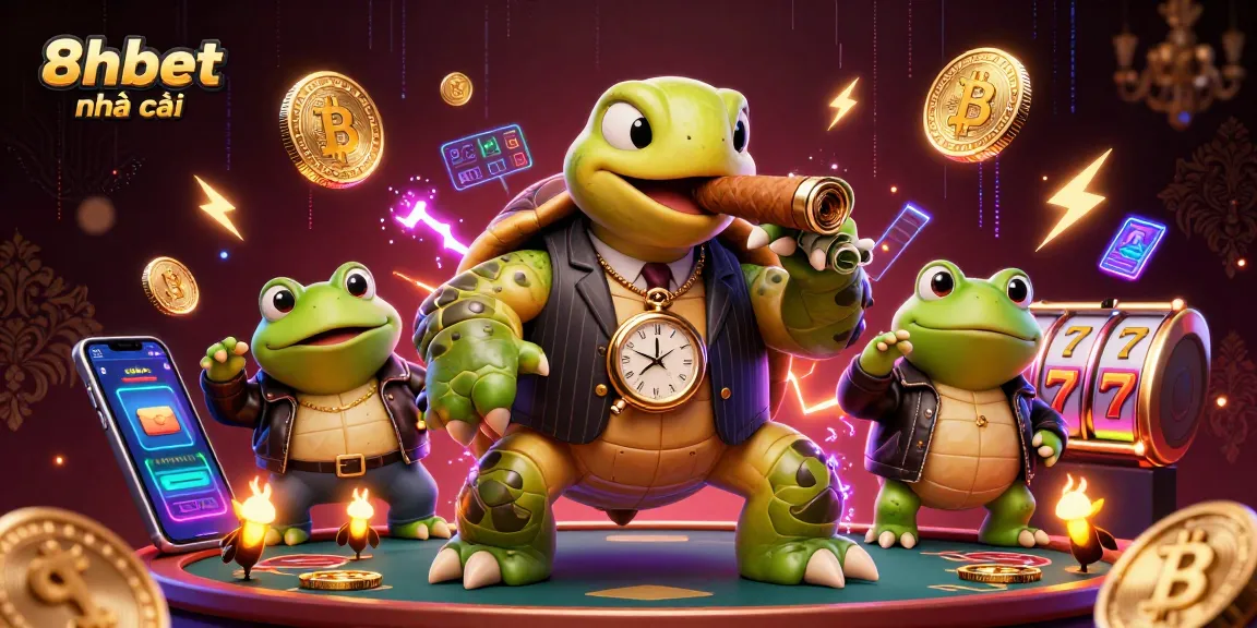 Experience the excitement of 8xbet nhà cái with colorful casino characters and crypto elements in a vibrant 3D illustration.