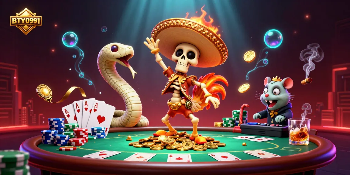 Experience the vibrant energy of BTY0991 with a 3D illustration showcasing a festive mariachi rooster on coins surrounded by poker elements.