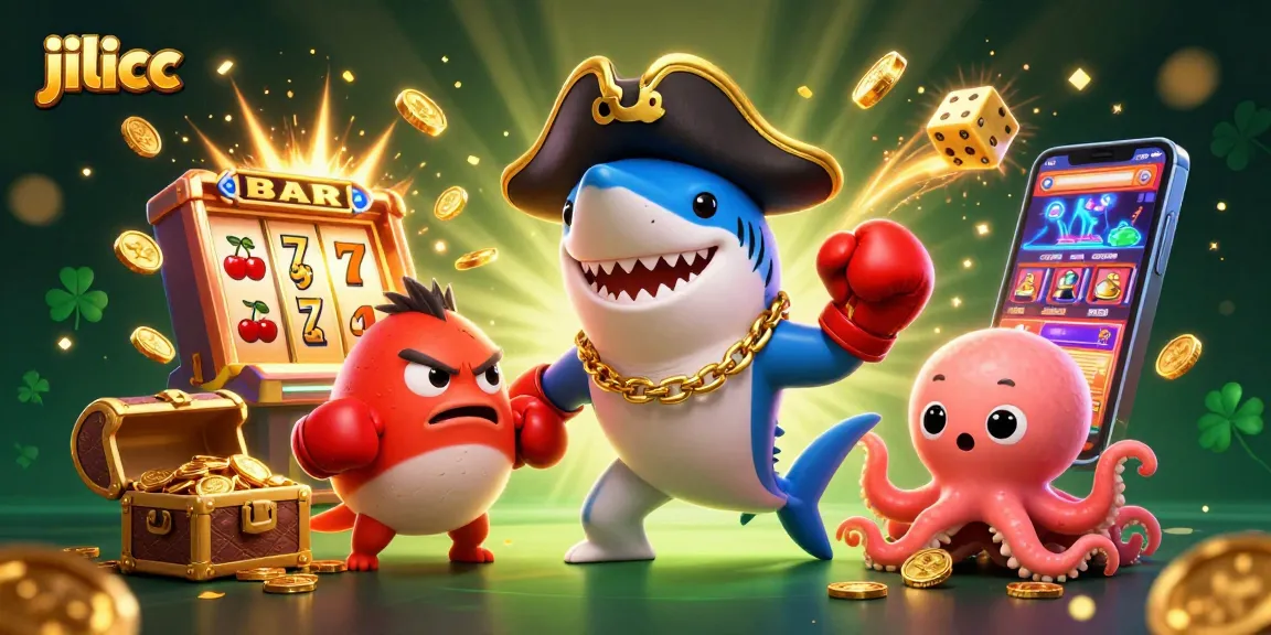 Experience thrilling slots with jilicc in a vibrant 3D casino scene featuring playful characters.