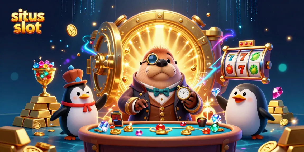 Engage with situs slot as the jolly walrus plays at an underwater slot game table, showcasing vibrant casino elements.