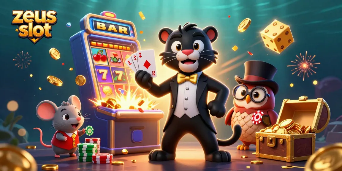 Play the zeus slot with stylish characters and exciting casino elements in a vibrant 3D scene.