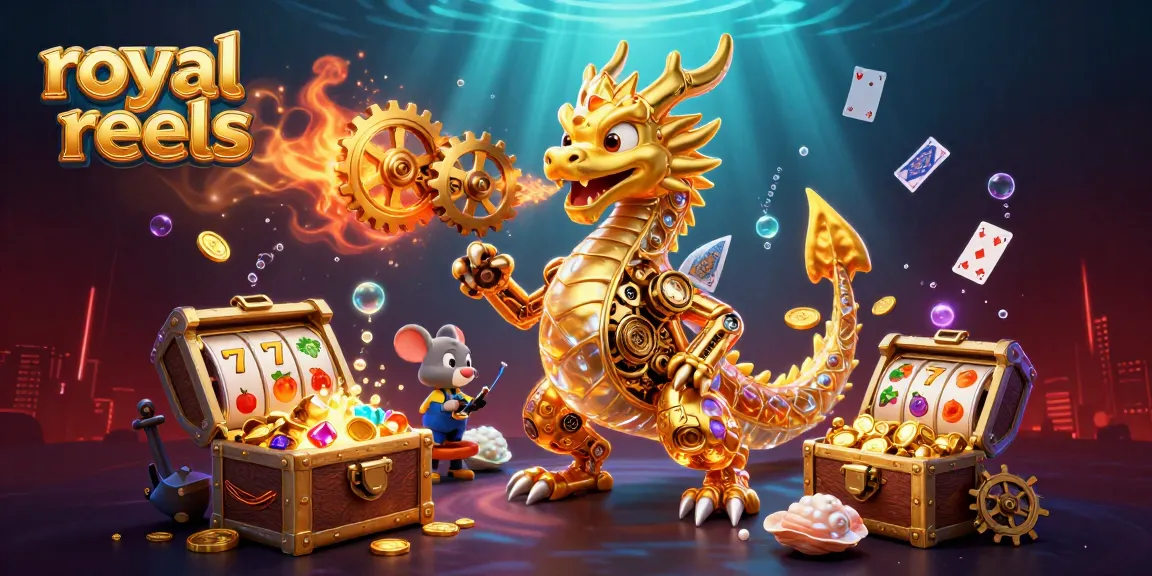 Experience royal reels with a vibrant 3D casino illustration of a mechanical dragon and slot elements.
