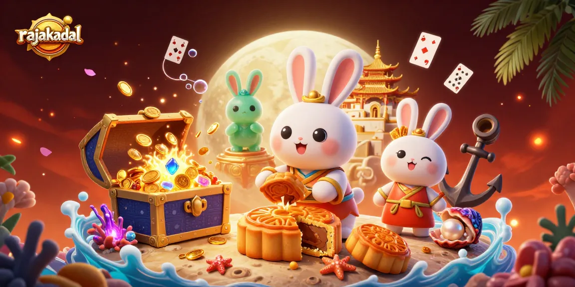 Melihat permainan kasino online di rajakadal, dengan kelinci bulan membuat kue bulan emas dan chip poker.